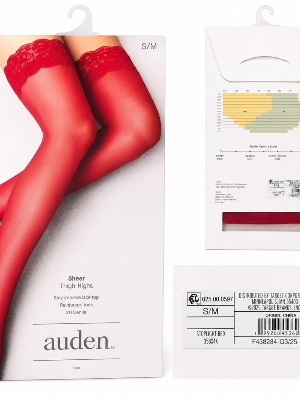 Auden Sheer Thigh-High Stockings S/M Stoplight Red 20 Denier Lace Top Romantic